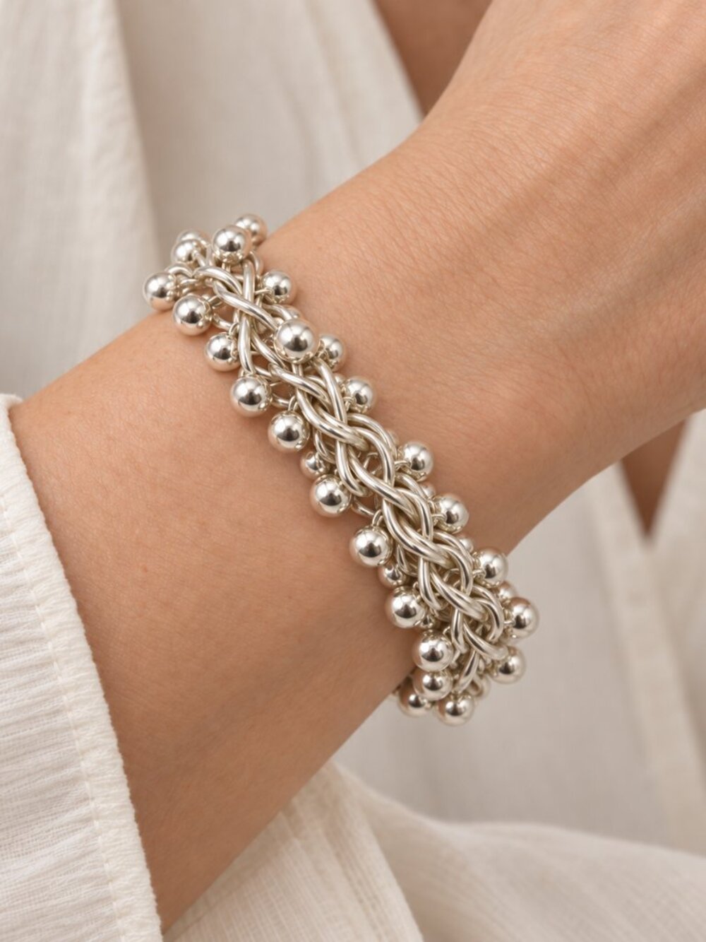 925 Sterling Silver Woven Fringe Bead Bracelet | Toggle Clasp | 57.17 g
